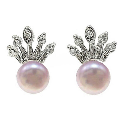 Zoetwater parel oorknopjes met roze parel en zilveren kroontje met stras steentjes | Queen Pink
