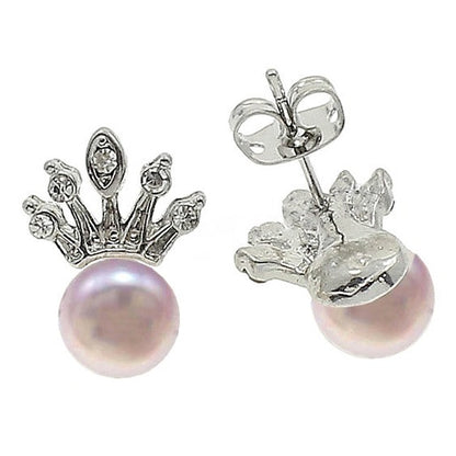 Zoetwater parel oorknopjes met roze parel en zilveren kroontje met stras steentjes, voor en achterkant | Queen Pink