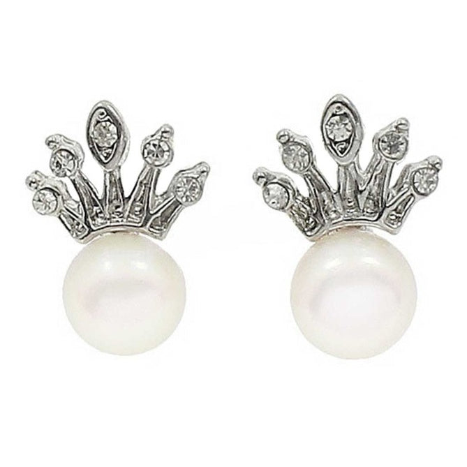Zoetwater parel oorknopjes met witte parels en zilveren kroontje met stras steentjes | Queen White