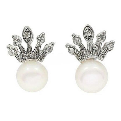 Zoetwater parel oorknopjes met witte parels en zilveren kroontje met stras steentjes | Queen White