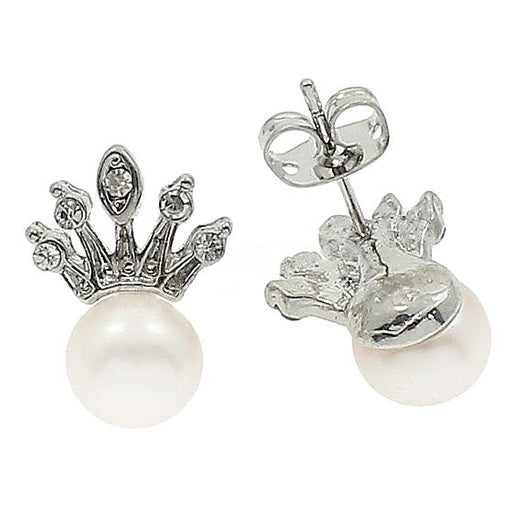 Zoetwater parel oorknopjes met witte parels en zilveren kroontje met stras steentjes, voor en achterkant | Queen White
