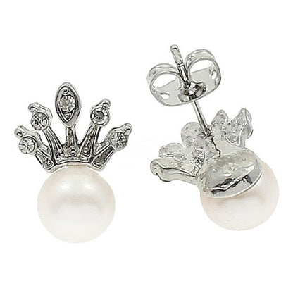 Zoetwater parel oorknopjes met witte parels en zilveren kroontje met stras steentjes, voor en achterkant | Queen White