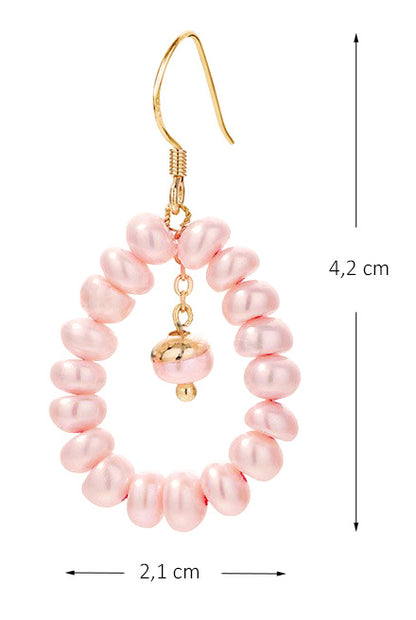 Lange zoetwater parel oorbellen met zalm roze parels en goud edelstaal, maat indicatie | Zuyin