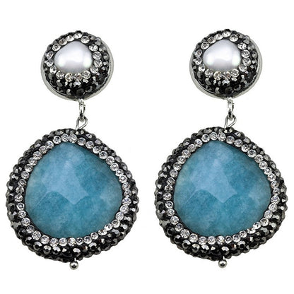 Witte zoetwater parel oorbellen met stras steentjes en blauwe jade | Bright Pearl Blue Jade