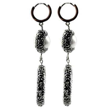 Witte zoetwater parel oorringen met stras steentjes en blauwe jade, zijkant | Bright Pearl Blue Jade Silver