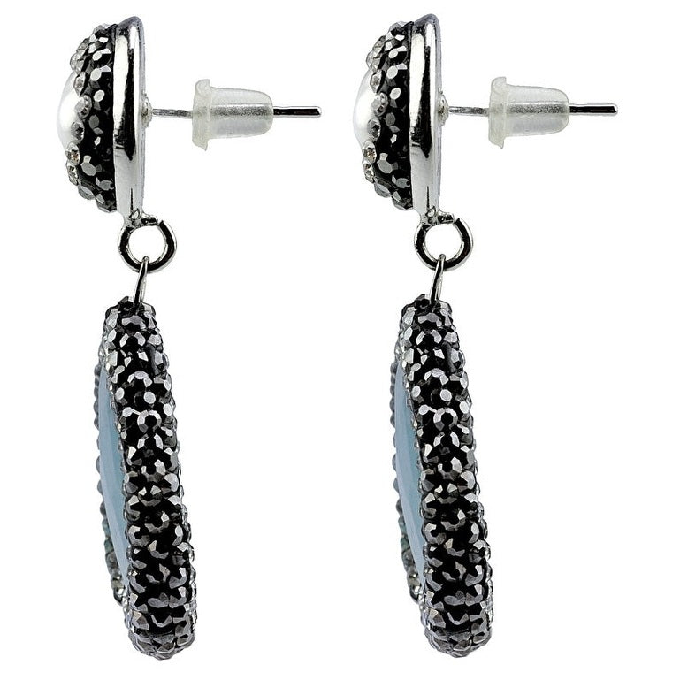 Witte zoetwater parel oorbellen met stras steentjes en blauwe jade, zijkant | Bright Pearl Blue Jade