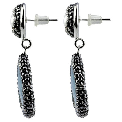Witte zoetwater parel oorbellen met stras steentjes en blauwe jade, zijkant | Bright Pearl Blue Jade