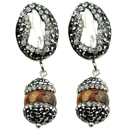 Witte zoetwater parel oorbellen met stras steentjes en tijgeroog | Bright Pearl Long Tiger Eye