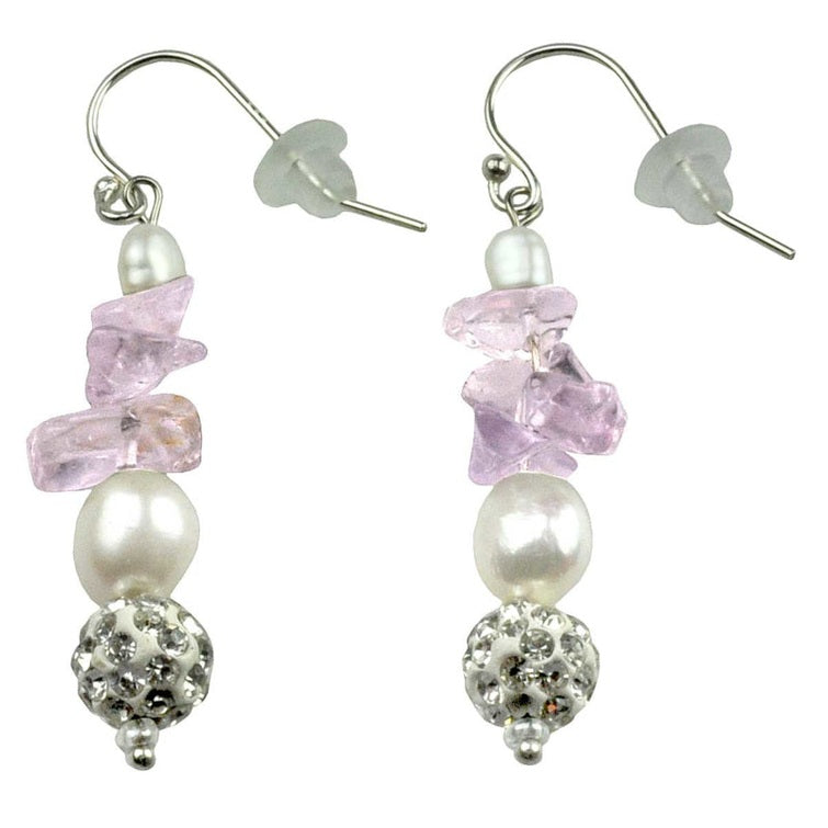 Witte zoetwater parel oorbellen met amethist, stras bal en sterling zilver (925) | Amanda