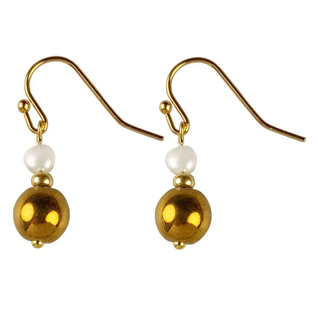 Witte zoetwater parel oorbellen met goud edelstaal en goud hematiet | Bold Gold Pearl Hematite