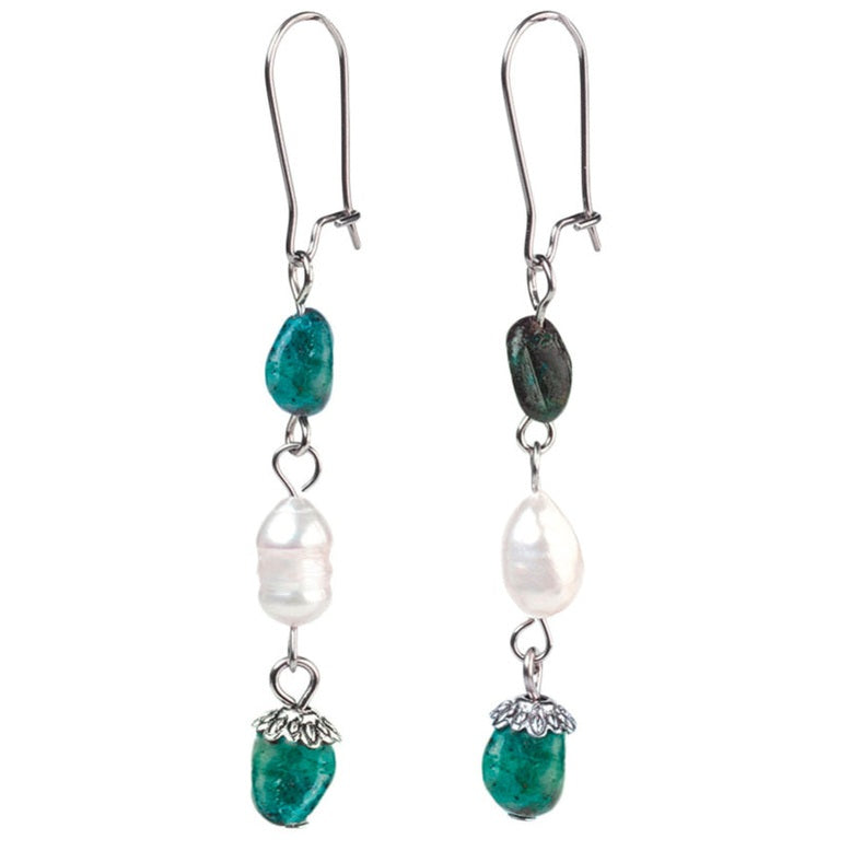 Zoetwater parel oorbellen met edelsteen Chrysocolla en edelstaal | Lalita Chrysocolla