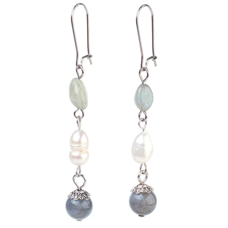 Zoetwater parel oorbellen met labradoriet en edelstaal | Lalita Labradorite