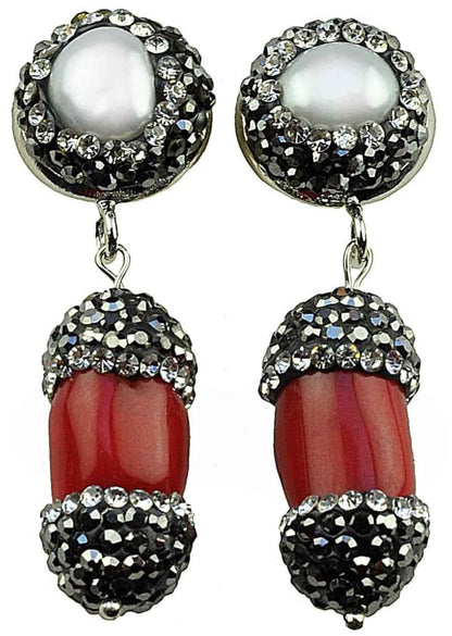 Zoetwater parel oorbellen met witte parels, rood koraal en stras steentjes, voorkant | Bright Pearl Coral