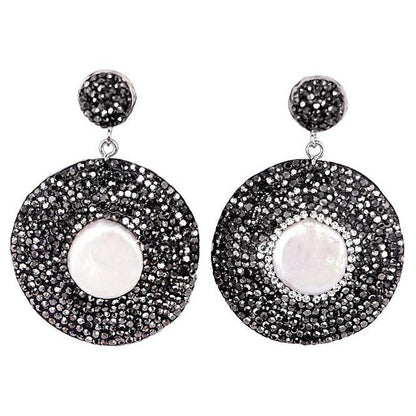 Grote witte zoetwater parel oorbellen met stras steentjes | Bright Pearl Disc