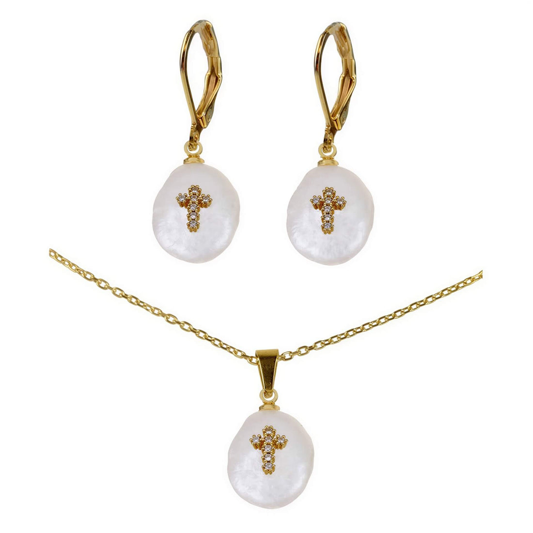 Witte zoetwater parel set bestaande uit goud edelstalen parelketting met parel hanger met kruis in stras steentjes en bijpassende parel oorbellen | set Coin Pearl Golden Cross