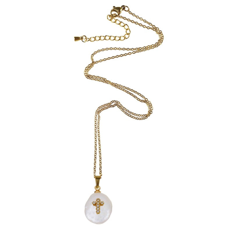 Witte zoetwater parelketting met goud edelstaal en parel hanger met kruis in strassteentjes | set Coin Pearl Golden Cross