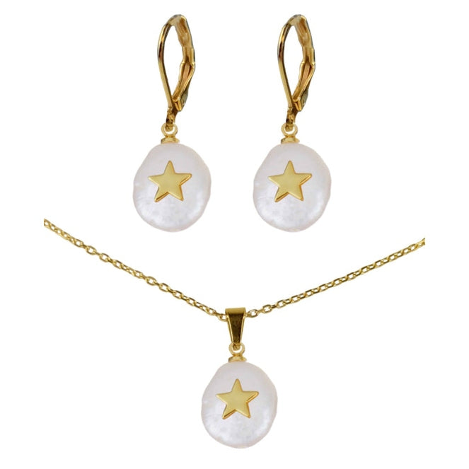 Zoetwater parel set bestaande uit een parelketting en parel oorbellen met goud edelstaal en hanger met gouden ster | set Coin Pearl Golden Star