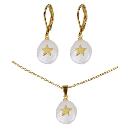 Zoetwater parel set bestaande uit een parelketting en parel oorbellen met goud edelstaal en hanger met gouden ster | set Coin Pearl Golden Star