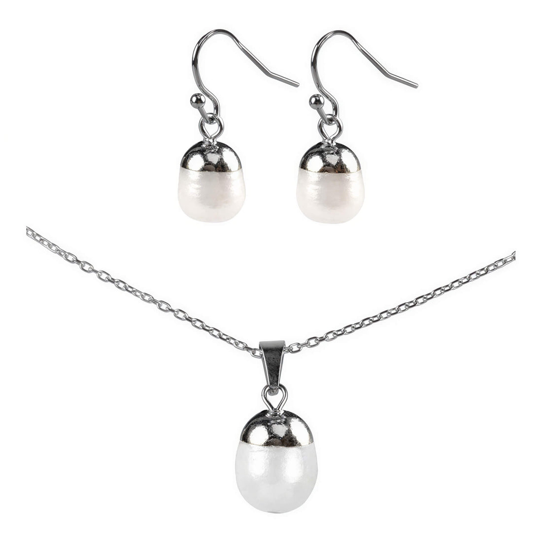 Witte zoetwater parel set bestaande uit een parelketting en parel oorbellen met zilver edelstaal en witte parel hanger | set Silver Dip White Pearl