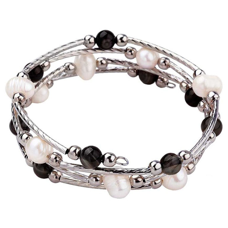Wit zoetwater parel wikkelarmband met zwarte agaat | Wrap Pearl Black Striped Agate