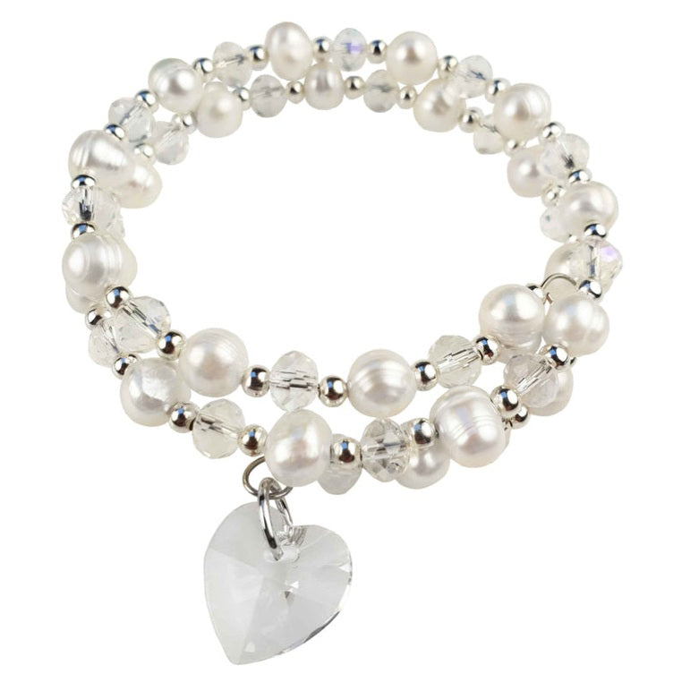 Wit zoetwater parel wikkel armband met kristallen hartje | Wrap Pearl Crystal Heart