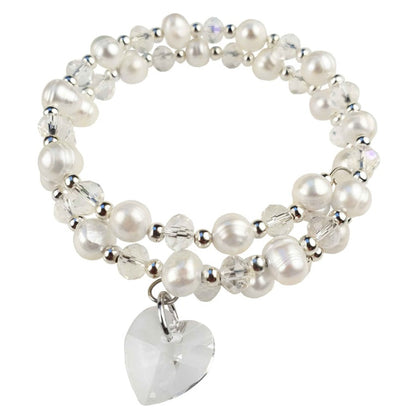 Wit zoetwater parel wikkel armband met kristallen hartje | Wrap Pearl Crystal Heart