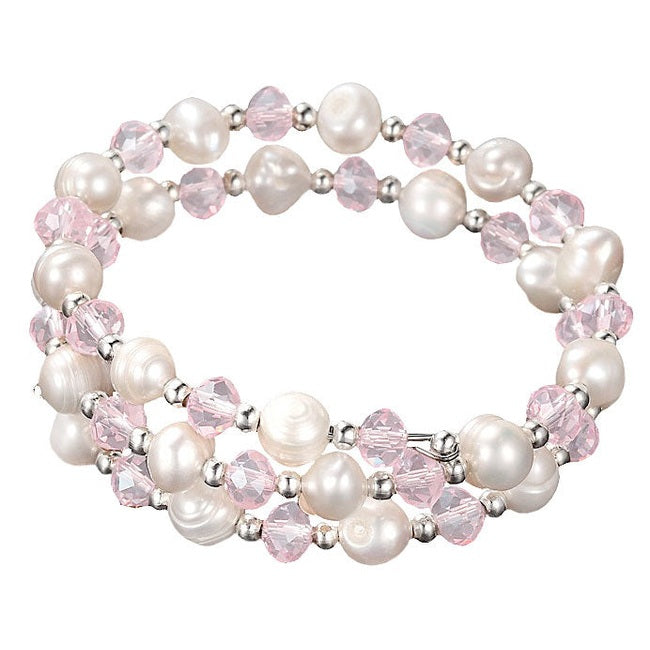 Zoetwater parel wikkel armband met witte parels en roze glas kristallen | Wrap Pearl Pink Crystal