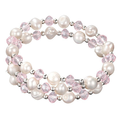 Zoetwater parel wikkel armband met witte parels en roze glas kristallen | Wrap Pearl Pink Crystal