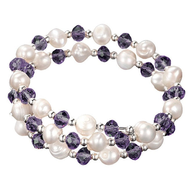 Zoetwater parel wikkel armband met witte parels en paarse glas kristallen | Wrap Pearl Purple Crystal