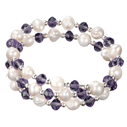 Zoetwater parel wikkel armband met witte parels en paarse glas kristallen | Wrap Pearl Purple Crystal