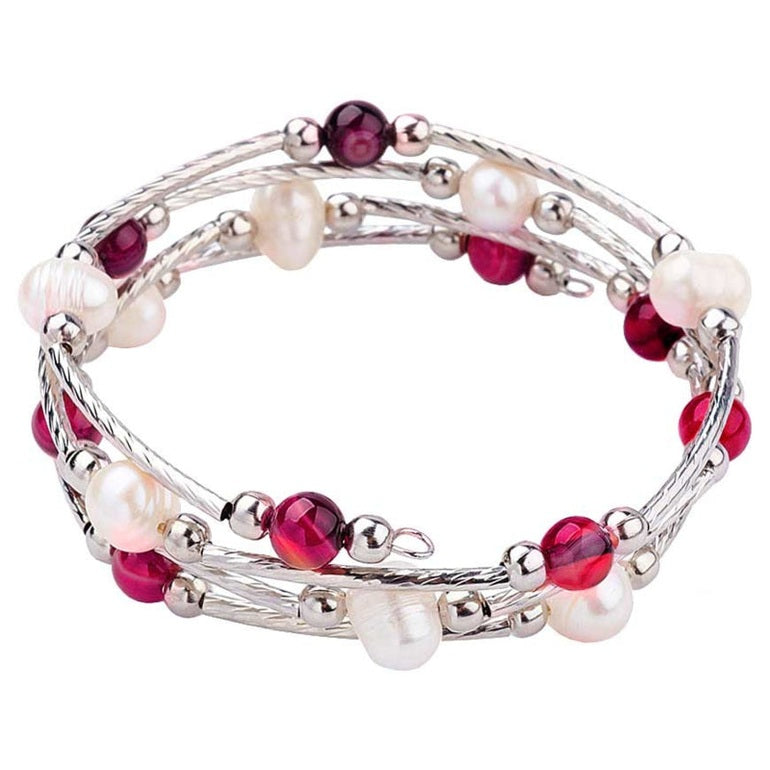 Zoetwater parel wikkel armband met witte parels en rode agaat | Wrap Pearl Red Striped Agate