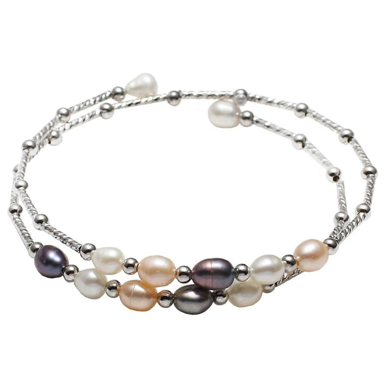 Zoetwater parel wikkel armband met natuurlijke gekleurde parels en zilver | Wrap Silver Multi Pearl