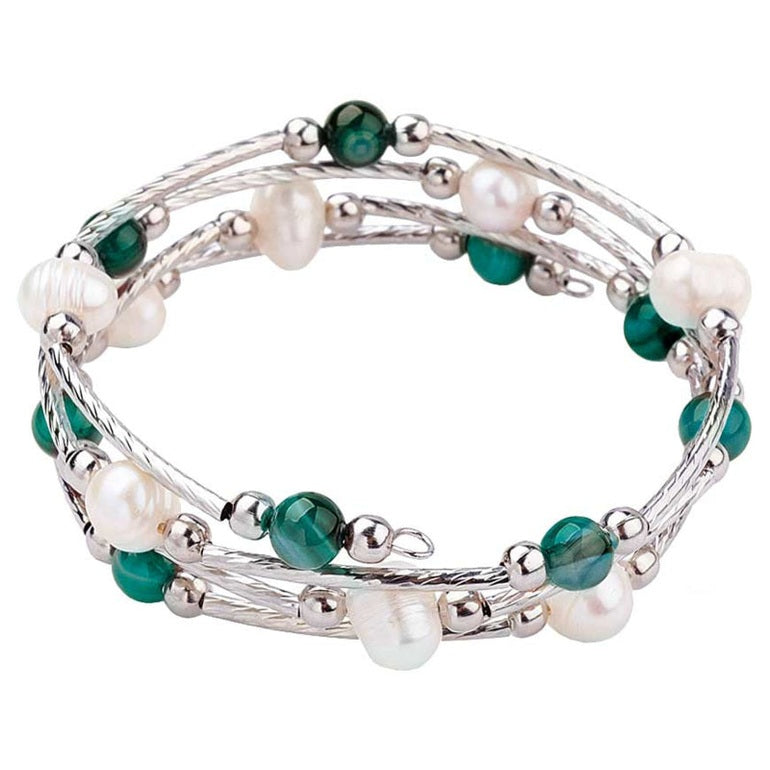 Wit zoetwater parel wikkelarmband met groene agaat | Wrap Pearl Green Striped Agate