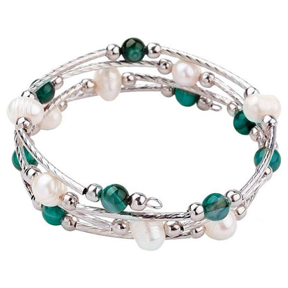 Wit zoetwater parel wikkelarmband met groene agaat | Wrap Pearl Green Striped Agate