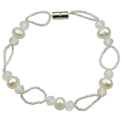 Zoetwater parel armband met witte parels en glaskristallen en magneetslot | set Wicio