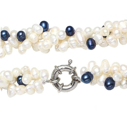 Slotje van zoetwater parelketting met witte en zwart blauwe parels in 3 strengen | Amira