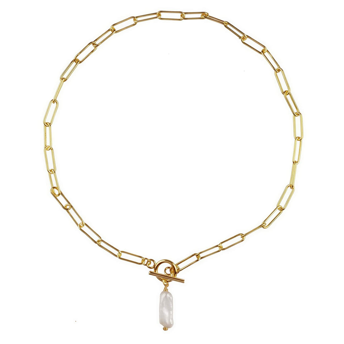 Zoetwater parelketting met witte parel hanger aan goud edelstalen paperclip ketting | Biwa Pearl Gold Paperclip