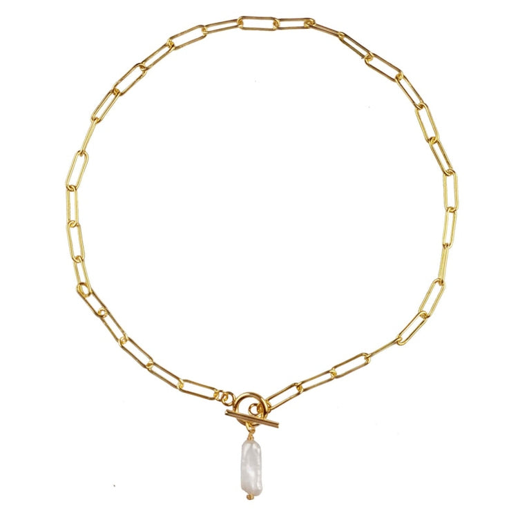 Zoetwater parelketting met witte parel hanger aan goud edelstalen paperclip ketting | Biwa Pearl Gold Paperclip
