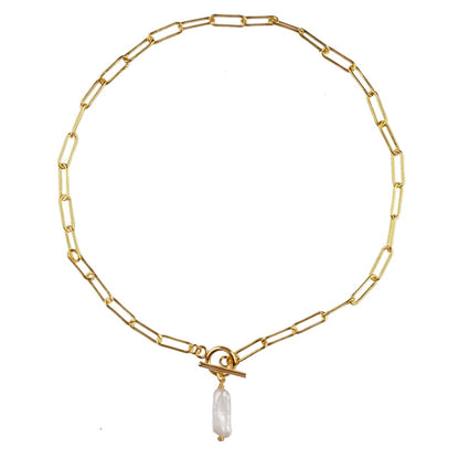 Zoetwater parelketting met witte parel hanger aan goud edelstalen paperclip ketting | Biwa Pearl Gold Paperclip