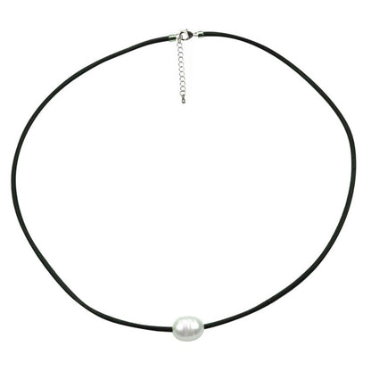 Wit zoetwater parelketting met zwart leer en zilver edelstaal | Black Leather Pearl White