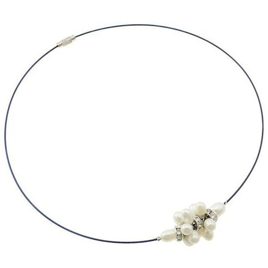 Zoetwater parelketting met witte parels met stras steentjes aan blauwe spang | Bling White Ball Blue