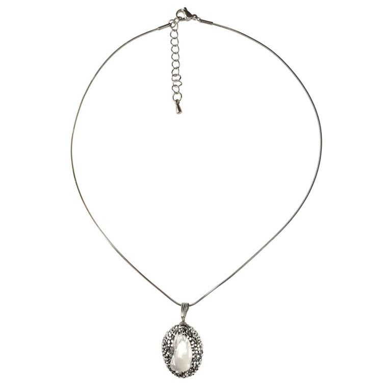 Zoetwater parelketting met witte parel hanger met stras steentjes en zilver edelstaal | Bright Biwa Silver