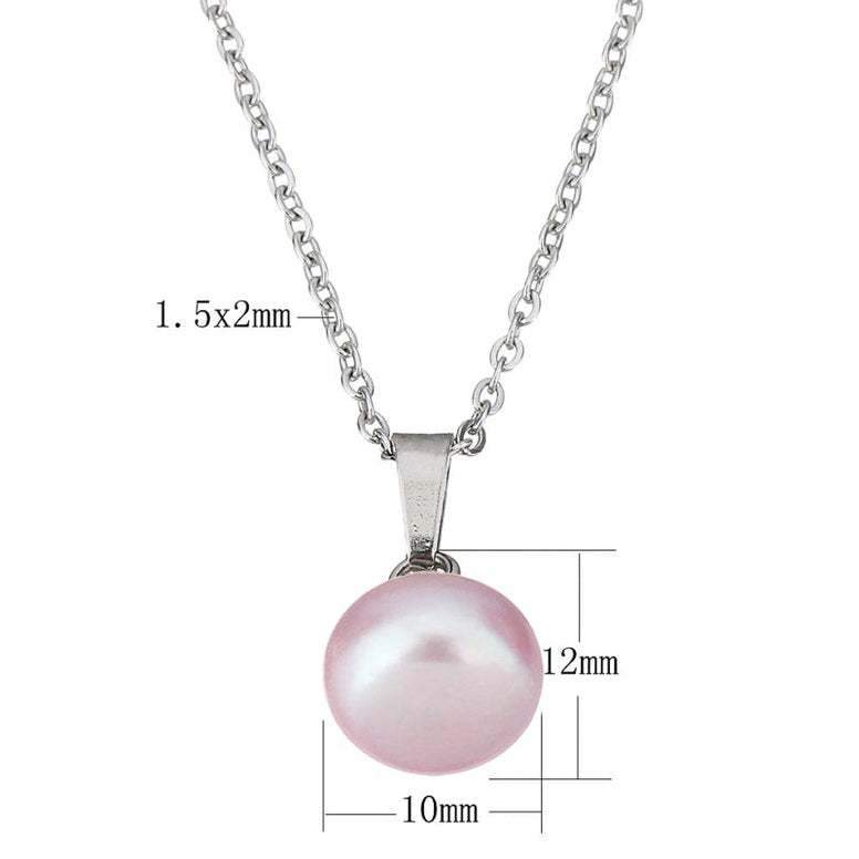 Detail van zoetwater parelketting met roze parels en zilver edelstaal met maat indicatie | set Brit P