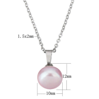 Detail van zoetwater parelketting met roze parels en zilver edelstaal met maat indicatie | set Brit P