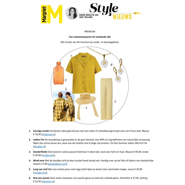 Zoetwater parelketting met witte parel hanger met gouden ster en goud edelstaal gezien in tijdschrift Margriet | Coin Pearl Golden Star