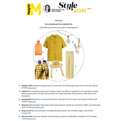 Zoetwater parelketting met witte parel hanger met gouden ster en goud edelstaal gezien in tijdschrift Margriet | Coin Pearl Golden Star