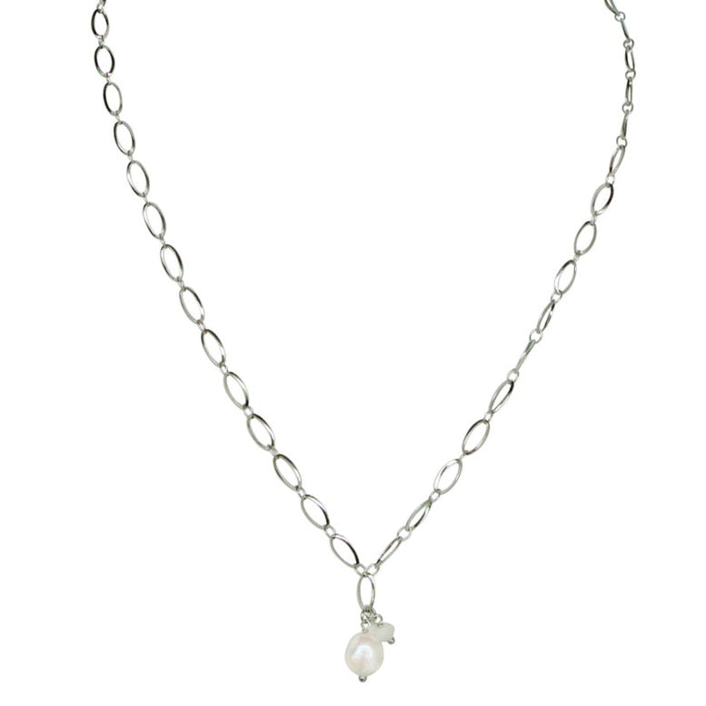 Zoetwater parelketting met witte parel hanger en zilver edelstaal | Flow Oval Silver Pearl