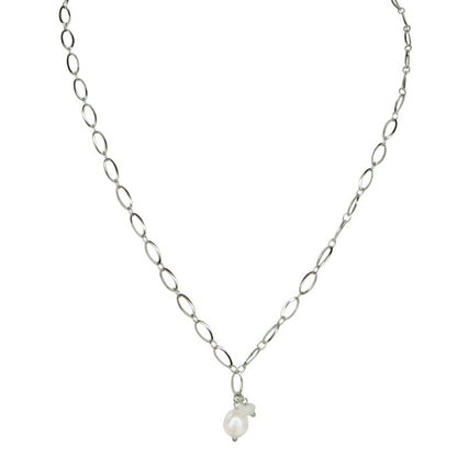 Zoetwater parelketting met witte parel hanger en zilver edelstaal | Flow Oval Silver Pearl
