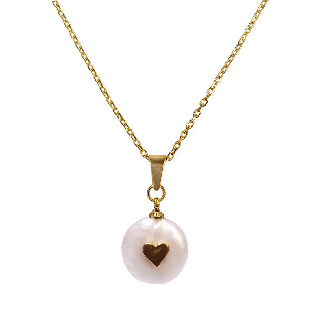 Detail van zoetwater parelketting met witte parel met gouden hartje en goud edelstaal | Golden Love Pearl
