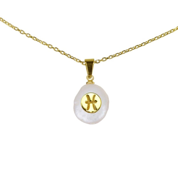 Witte zoetwater parelketting met symbool sterrenbeeld Vissen, ketting met parel met sterrenbeeld vissen symbool hangend aan goud edelstalen ketting